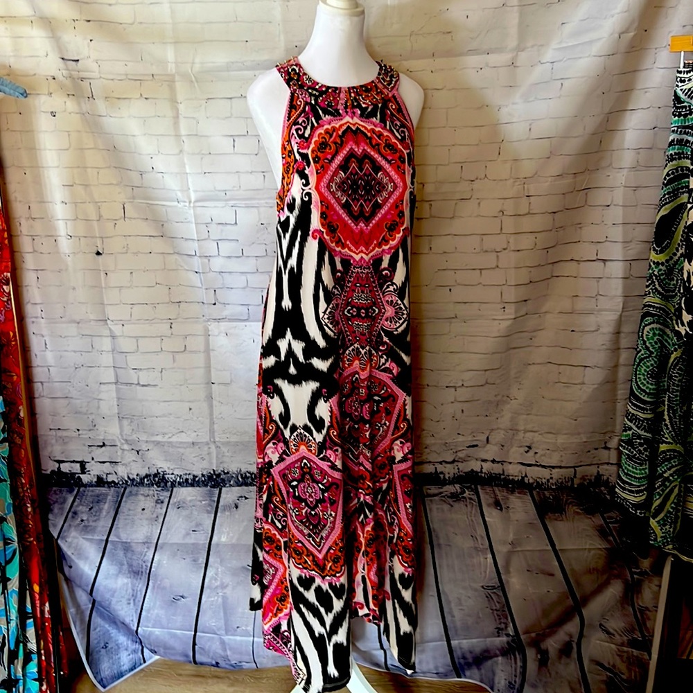 INC Maxi Dress size XL pink, dark pink, orange, black and white